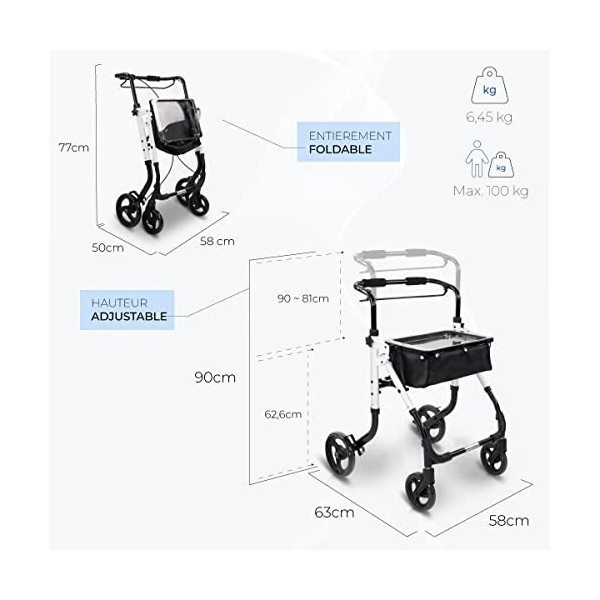 Mobiclinic®, Déambulateur pour personnes âgées, Olimpo, Aluminium, Pliable, Moderne, Avec sac, Monolevier, Réglable, Plateau 