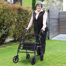 HOMCOM Déambulateur 4 roues - déambulateur pliable léger - assise + dossier rembourré - poignées ergonomiques, freins à main 