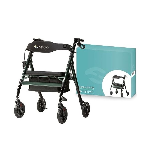 Helavo déambulateur robuste avec pneus à gomme pour lextérieur - Rollator pliable à 4 roues pour charges lourdes en aluminiu