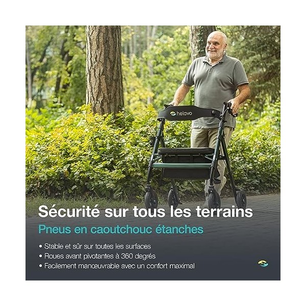 Helavo déambulateur robuste avec pneus à gomme pour lextérieur - Rollator pliable à 4 roues pour charges lourdes en aluminiu