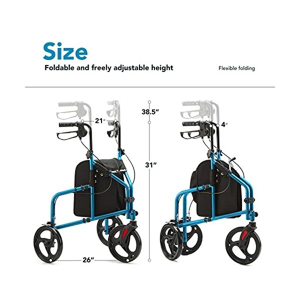 OasisSpace Déambulateur à 3 roues – Déambulateur à 3 roues léger avec roues de 25,4 cm, déambulateur pliable à 3 roues avec g