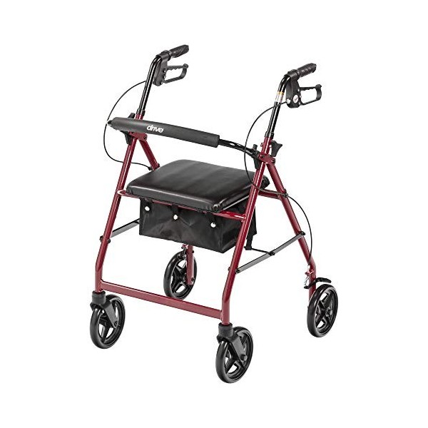 Roulement Médicale Aluminium Déambulateur Walker Pliable Haut et Amovible Back Support, rembourré Siège, 19.1cm Roues, Rouge