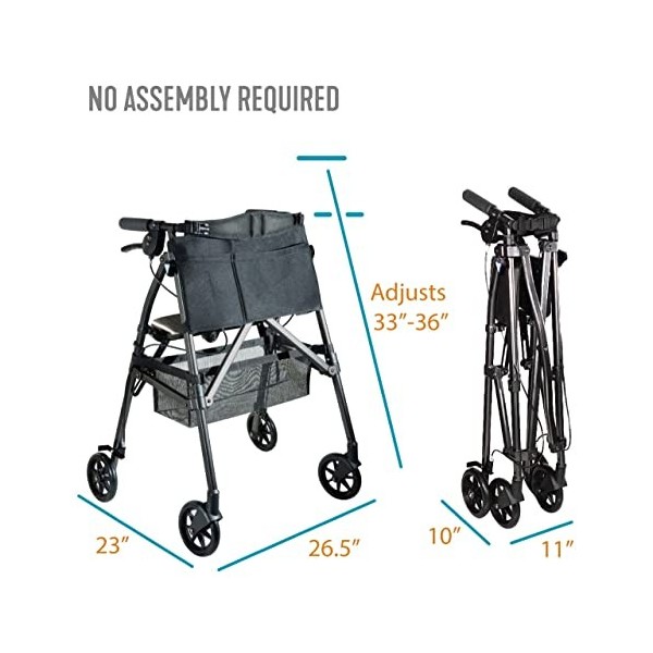 Stander EZ Fold-N-Go Rollator, Déambulateur à 4 Roues avec Freins, Déambulateur Rollator Pliant en Aluminium Réglable en Haut