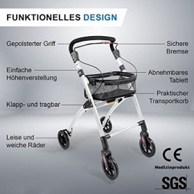 Déambulateur casa Soft blanc fin pour intérieur et intérieur pliable et léger 5 kg I Déambulateur dappartement réglable en h