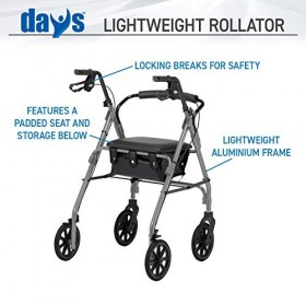 Days Lightweight Folding Four Wheel Rollator Walker with Padded Seat, Lockable Brakes, Ergonomic Handles, and Carry Bag, Mobi