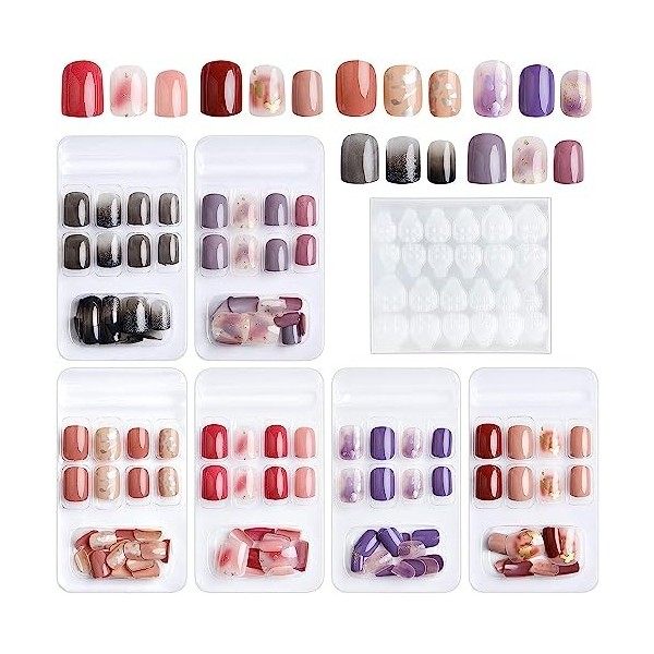 Kalolary 144pcs Faux Ongles Court, Pleine Couverture Brillant Carré Faux Ongles Bouts dongles artificiels avec 6 feuilles Au