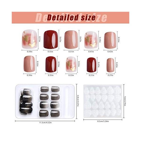 Kalolary 144pcs Faux Ongles Court, Pleine Couverture Brillant Carré Faux Ongles Bouts dongles artificiels avec 6 feuilles Au