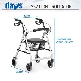 Days 252 Essentials Déambulateur Léger à Roues, Marcheur Pliable à Quatre Roues avec Siège Rembourré, Support Dorsal, Poignée