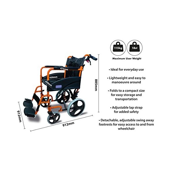 Aidapt Fauteuil Roulant en Aluminium Compact/Pliable Orange