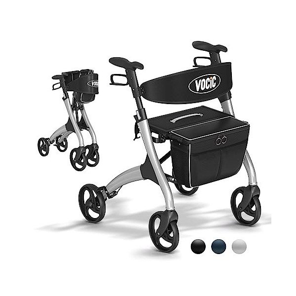 VOCIC Deambulateur pliable leger 4 roues avec Dossier et Coussin,Déambulateur pour personnes âgées avec sac amovible,Pneus an