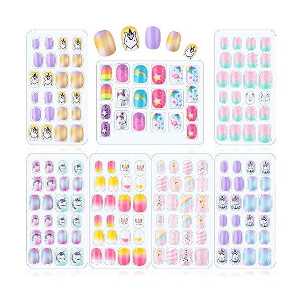 164 Pièces Faux Ongle d’Enfant Appuyez sur Couverture Complète Couleur Dégradé Paillette Faux Ongle Court Fille Faux Ongle Mi
