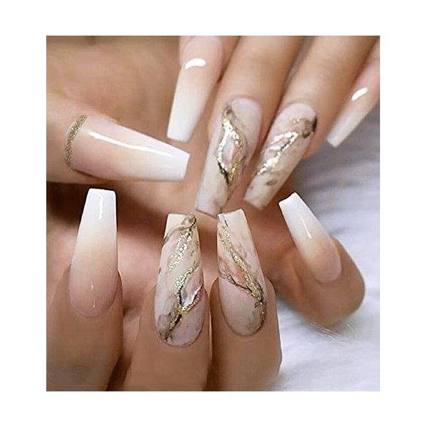 Brishow French Faux Ongles Nude long press on nails Marbre Gradient Faux Ongles ballerine acrylique fake nails 24 pièces pour