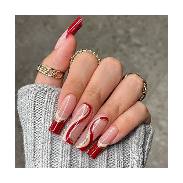 Brishow Faux ongles rouges longs faux ongles lignes ondulées appuyez sur les ongles paillettes bâton sur les ongles 24 pièces