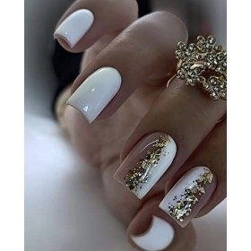 Sethexy Faux ongles Carrés Courts Blanc Rose Combo Press on Nails Chrome Paillettes Faux ongles Autocollants Mariage 24Pcs Ac