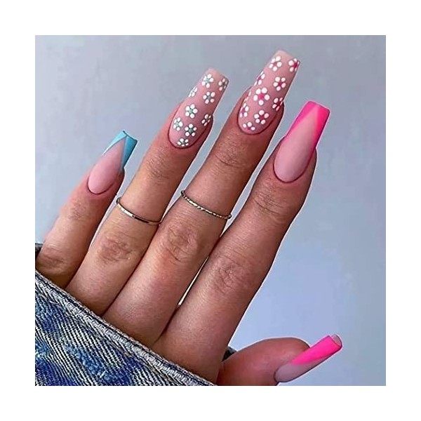 Brishow Cercueil Faux ongles Français Rose Faux ongles Fleurs Appuyez sur les ongles Glitter Stick sur les ongles 24pcs pour 