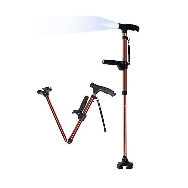 SUEH DESIGN Canne de Marche Pliante avec Lumière LED pour Homme et Femme, 11 Hauteurs Réglables, Bâton de Marche Pliable pour