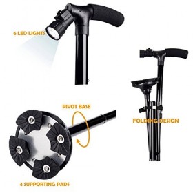 Canne Pliante avec Lampe LED, Canne réglable pour Hommes et Femmes, Canne pour Personnes âgées, poignée en t avec Coussin de 