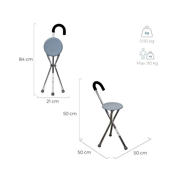 Mobiclinic, Canne de Marche avec siège, jusquà 90 kg, Gloria, Marque européenne, Pliable, Aluminium, Canne tripode, Embouts 