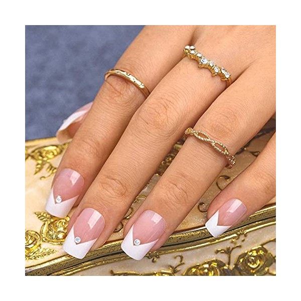 Sethexy Court Carré Faux ongles français Ballerine Strass faux ongles Brillant Coller sur les ongles 24 pièces Acrylique faux