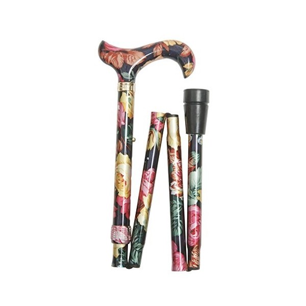Stockshop Canne pliable - Poignée Derby confortable avec motif de roses florales sur un bâton métallique stable et léger, rég