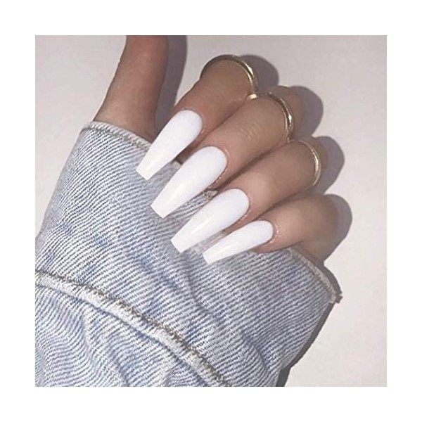 Handcess Cercueil brillant faux ongles longs blanc ballerine presse sur ongles Pure Color PARFAITEMENT faux ongles bâton sur 