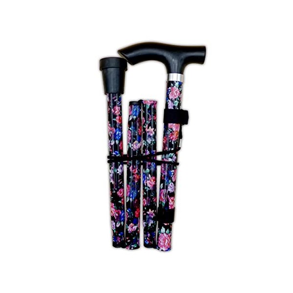 Life Healthcare Canne de marche pour femme âgée ou handicapée pliable réglable en hauteur Motif floral noir pour droitiers ou