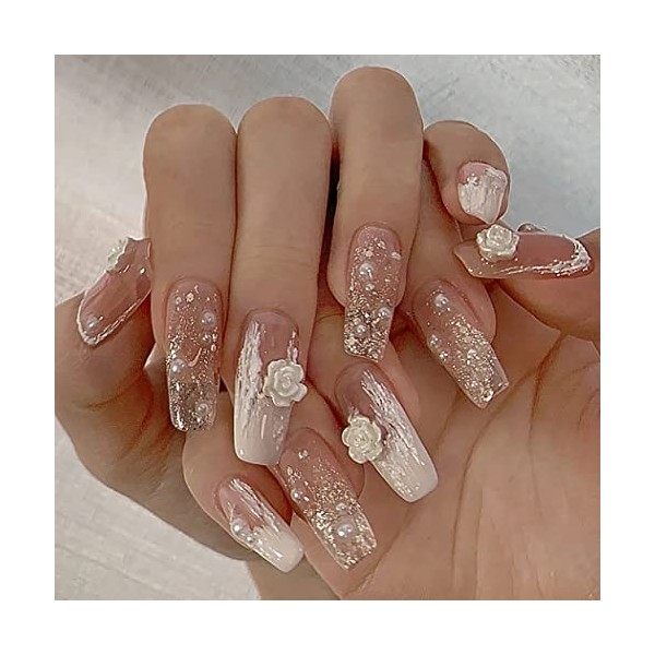 Brishow Faux Ongles Rose Presse sur Ongles Français Courts Faux Ongles Papillon Bâton sur Ongles 24pcs pour Femmes et Filles 