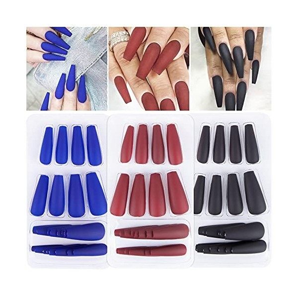 3 Boîtes 72pcs Faux Ongles Nail Ongle Couverture Complète Bleu Rouge Noir Transfert Pochoir Décoration DIY Accessoire de Manu