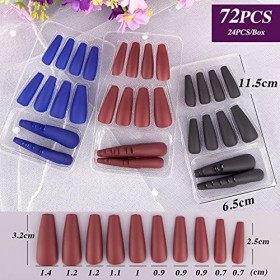 3 Boîtes 72pcs Faux Ongles Nail Ongle Couverture Complète Bleu Rouge Noir Transfert Pochoir Décoration DIY Accessoire de Manu