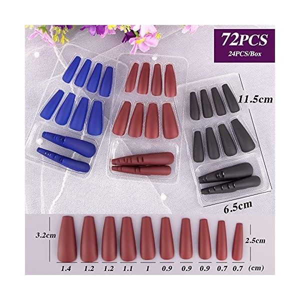 3 Boîtes 72pcs Faux Ongles Nail Ongle Couverture Complète Bleu Rouge Noir Transfert Pochoir Décoration DIY Accessoire de Manu