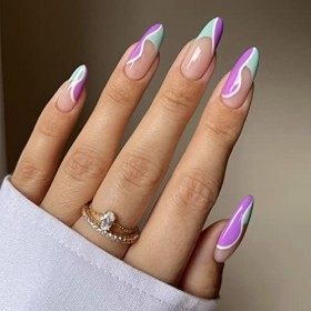 Sethexy Ligne ondulée Faux Ongles Abstrait ovale Faux Ongles Autocollants 24 pièces Acrylique Ongles a coller pour les femmes