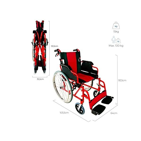 Mobiclinic, Fauteuil roulant pliant, Mod. Torre, Aluminium, Double système de freinage, Repose-pieds et Accoudoirs rabattable