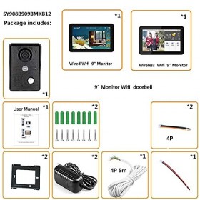 Notedi Sonnette de porte avec 2 moniteurs filaire/sans fil - Système dentrée avec caméra filaire HD 1080p - Vision nocturne 