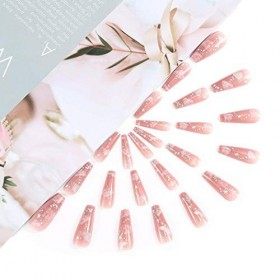 Brishow Cercueil Faux Ongles Cloud Press on Nails Rose Long Faux Ongles Ballerine Acrylique French Faux Ongles 24pcs pour Fem