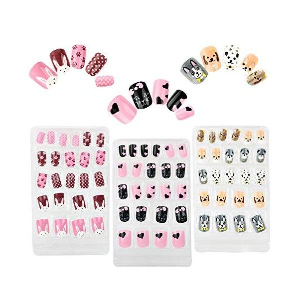 72pcs Mignon Faux Ongles Artificiel Fille Nail Autocollant Sticker Auto-adhésif Motif Cœur Lapin Pieds Points Chien Couvertur