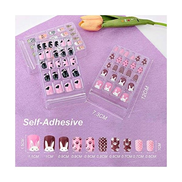 72pcs Mignon Faux Ongles Artificiel Fille Nail Autocollant Sticker Auto-adhésif Motif Cœur Lapin Pieds Points Chien Couvertur