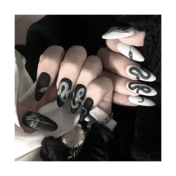 Sethexy Mat Stylet Longue Faux ongles Noir blanc Serpent Style de mode Faux ongles 24 pièces Acrylique Art Couverture complèt