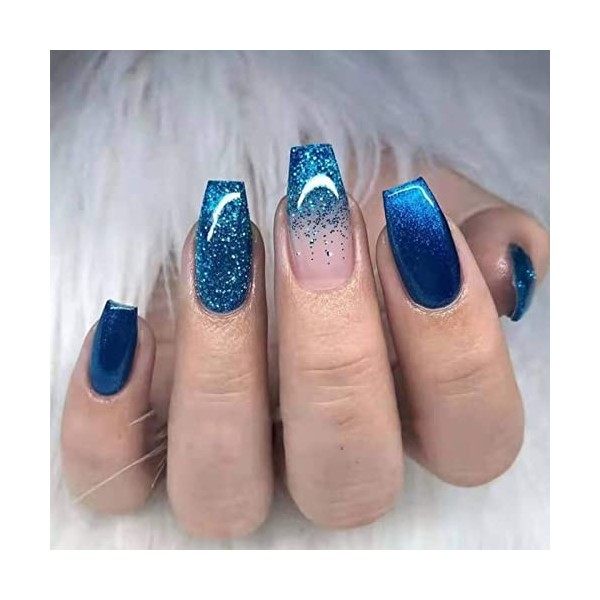 RUNRAYAY Bleu Press On Nails Medium, Fack Nails avec Paillettes pour Femmes Filles, Nude Nails Press On Full Cover Nails Cons