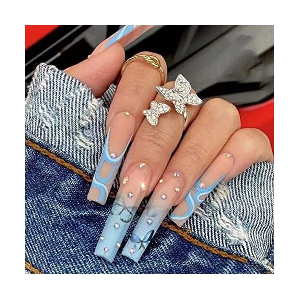 RUNRAYAY Bleu Press On Nails Medium, Fack Nails avec Paillettes pour Femmes Filles, Nude Nails Press On Full Cover Nails Cons