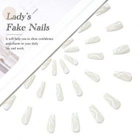 Vatocu Cercueil Faux Ongles Long Blanc Faux Ongles Lignes Appuyez sur les Ballerine des ongles Collez sur les ongles pour les