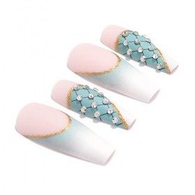 Brishow Faux Ongles Longs Faux Ongles Coeur Grille Presse sur Ongles Strass Bâton sur Ongles Couverture Complète 24pcs pour F