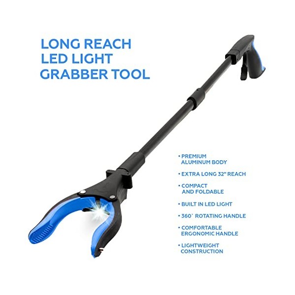 Luxet Pince de préhension pliable en aluminium de 81,3 cm bleu , avec étagères, lumière LED, pointe magnétique, légère, pinc