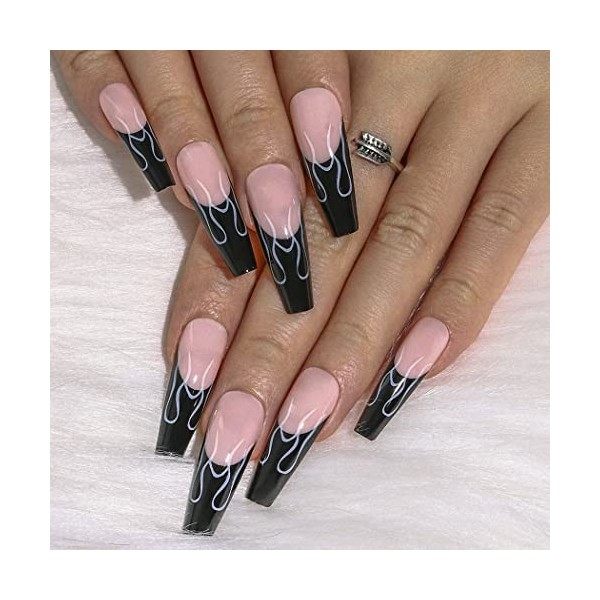 Sethexy Cercueil Faux Ongles Long Faux ongles Le noir Feu Appuyez sur les ongles Ballerine Acrylique Coller sur les ongles 24