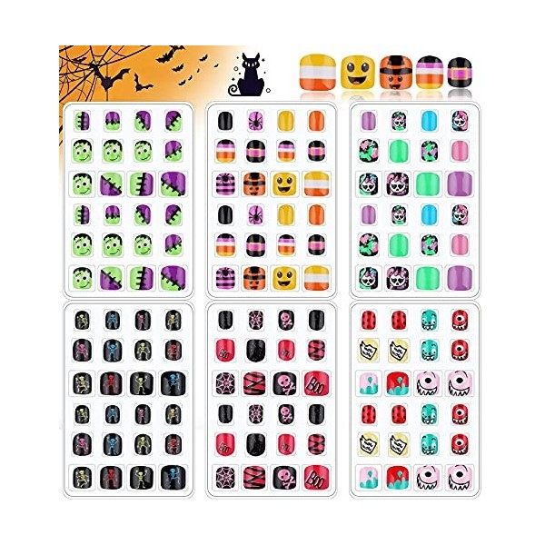 EBANKU 144 Pièces Halloween Faux Ongles Enfants Appuyez sur Ongles Artificiels Tips dOngle de Filles Kit de Faux Ongles Cour