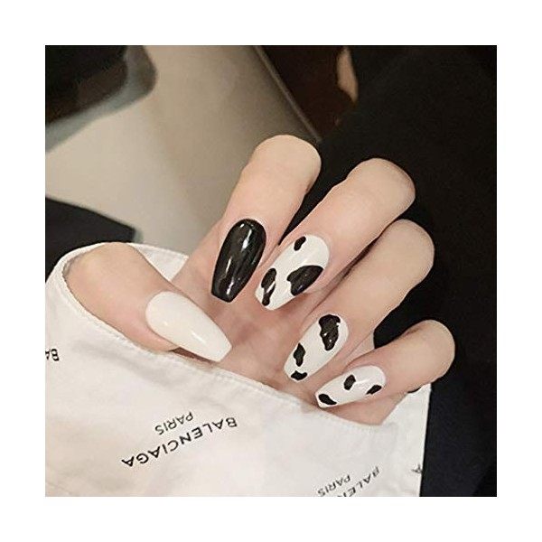 Sethexy Longue Cercueil Faux ongle Ballerine Noir blanc Place Faux ongles 24 pièces Acrylique Appuyez sur les pointes des ong