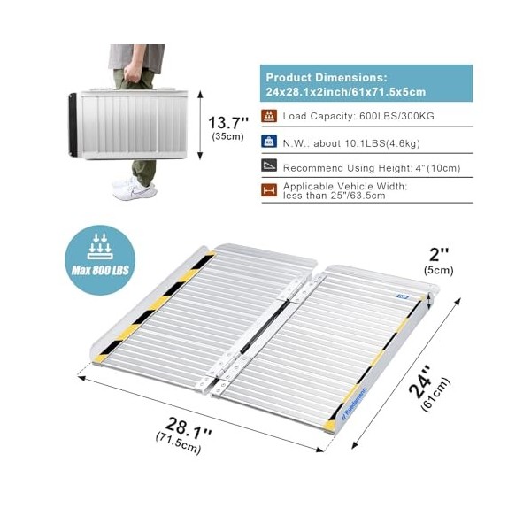 Ruedamann Rampe de seuil de 0,6 m pour marches de maison, escaliers, portes, scooters de mobilité, rampe pliable pour fauteui