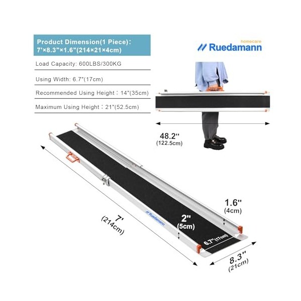 Ruedamann Rampe réglable en aluminium pour fauteuil roulant - 2,1 m - Portable - Surface antidérapante - Pour la maison, les 