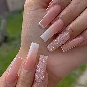 Brishow Faux ongles longs rose paillettes presse sur ongles ballerine acrylique bâton sur ongles 24 pièces pour femmes et fil
