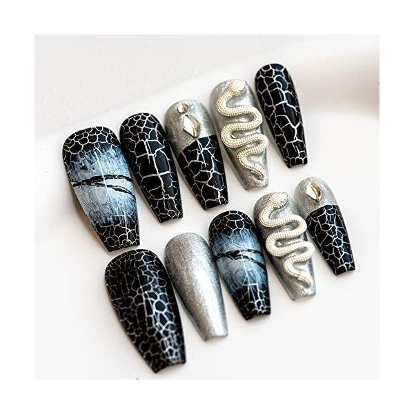 Sun&Beam Nails Lot de 10 faux ongles en forme de cercueil ballerine 3D en acrylique noir avec boîte de rangement M 