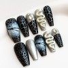 Sun&Beam Nails Lot de 10 faux ongles en forme de cercueil ballerine 3D en acrylique noir avec boîte de rangement M 